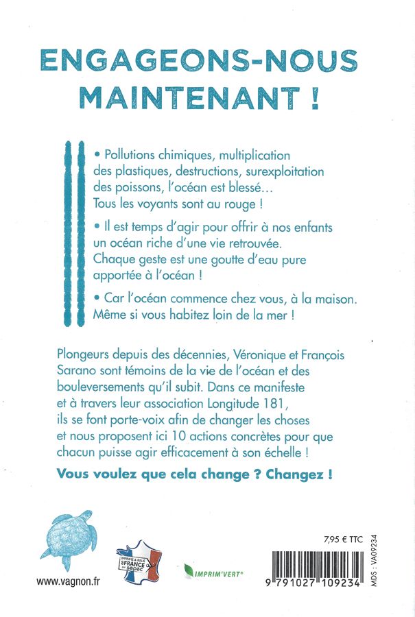 4e de couverture Nouvelle édition, 'Sauvons l’océan, les 10 actions pour (ré)agir' de Véronique et François Sarano, éditions Vagnon